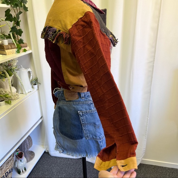 90s Passports by Pier 1 Imports Eclectic Fringe Patchwork Cropped Jacket - Picture 4 of 13